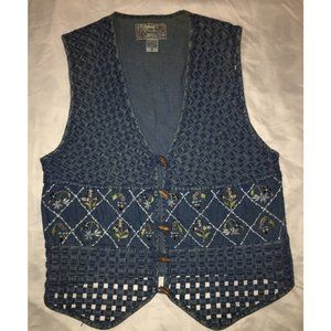 Vintage New Directions Large Cottagecore Denim Floral Weave Button Up Vest 90s